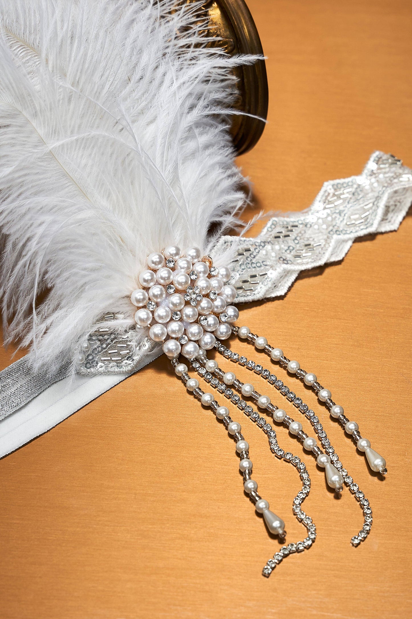 Beaded Rhinestone Floral Feather Headband
