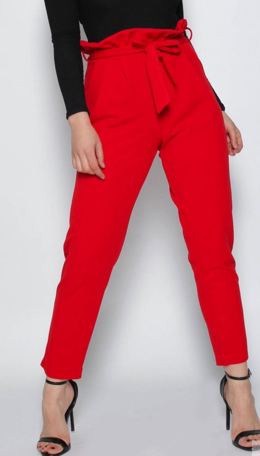 Ladies luxury casual red paper bag trousers