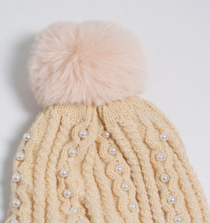 Ladies pearl embellished thick wholly bobble hat